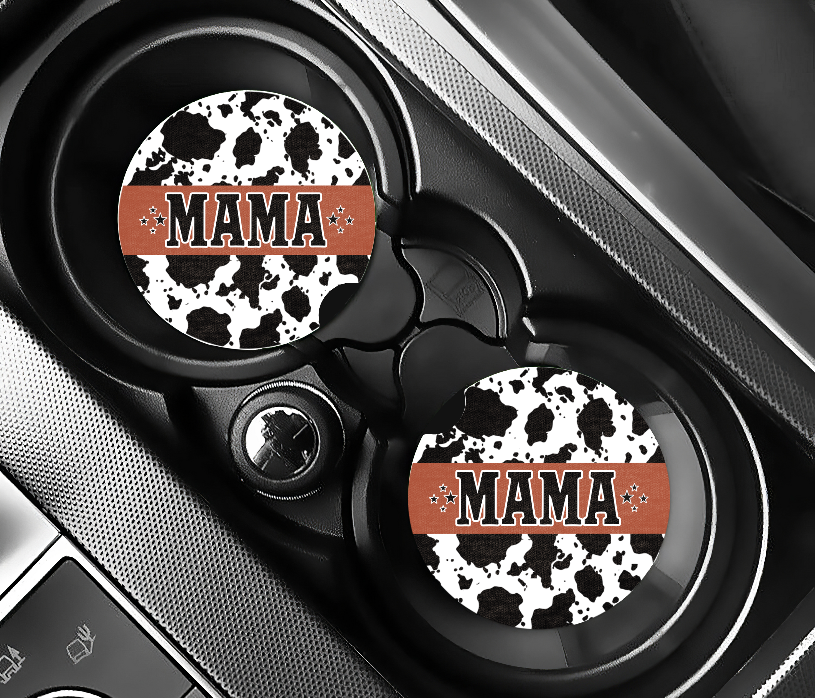 Cow Print Mama Car Coaster Set