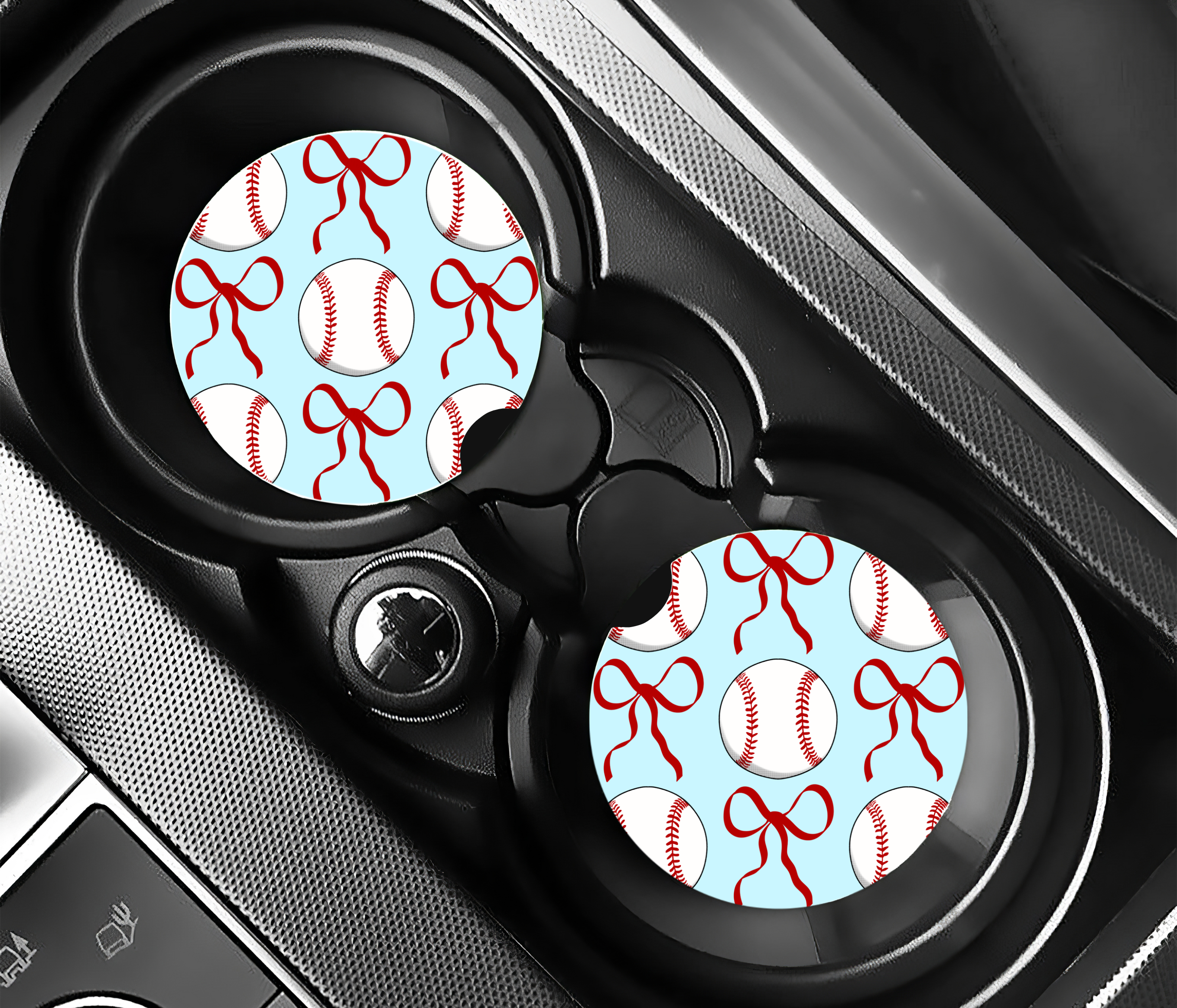 Baseball with Red Bows Car Coaster Set