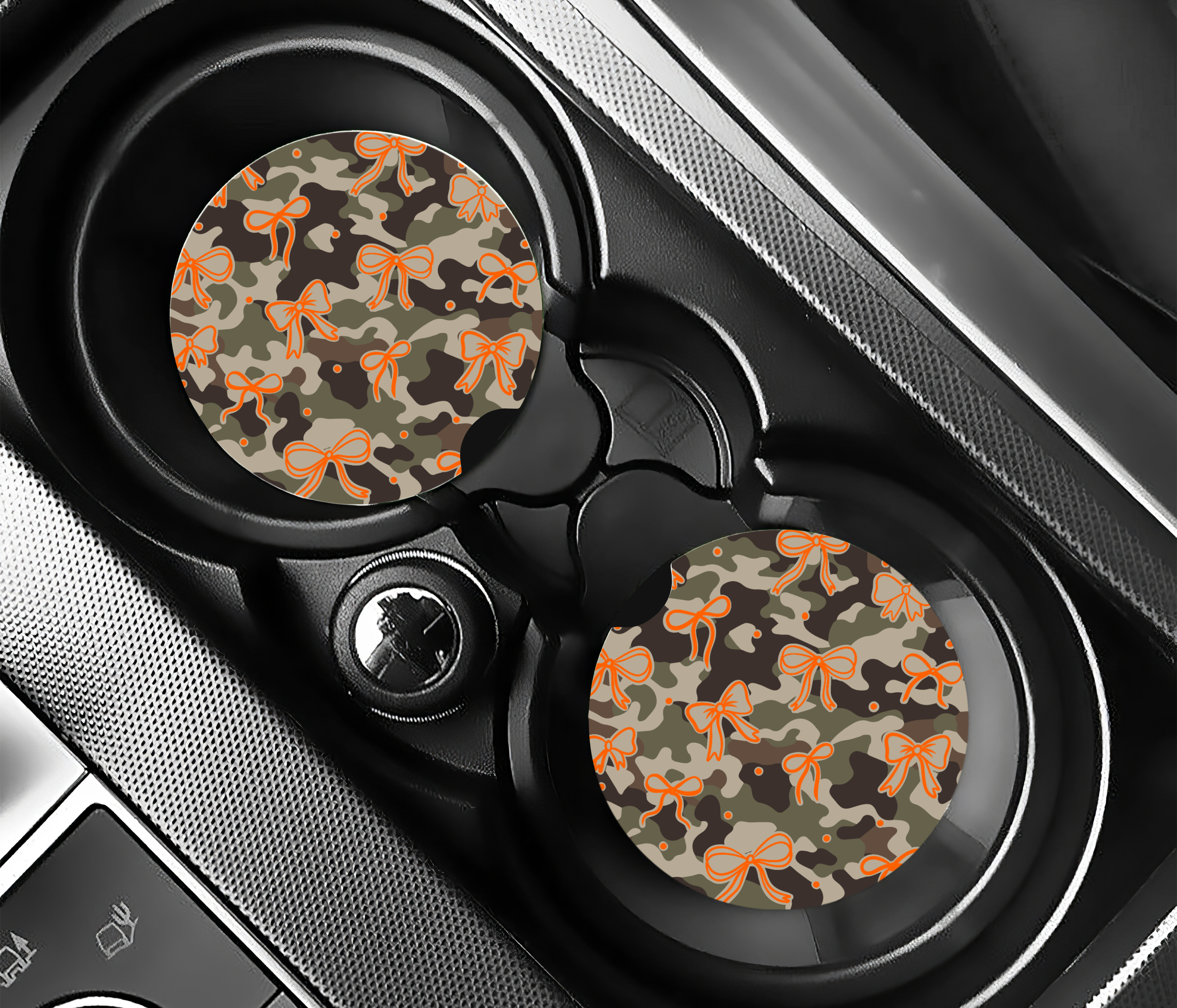 Camo with Orange Bows Car Coaster Set