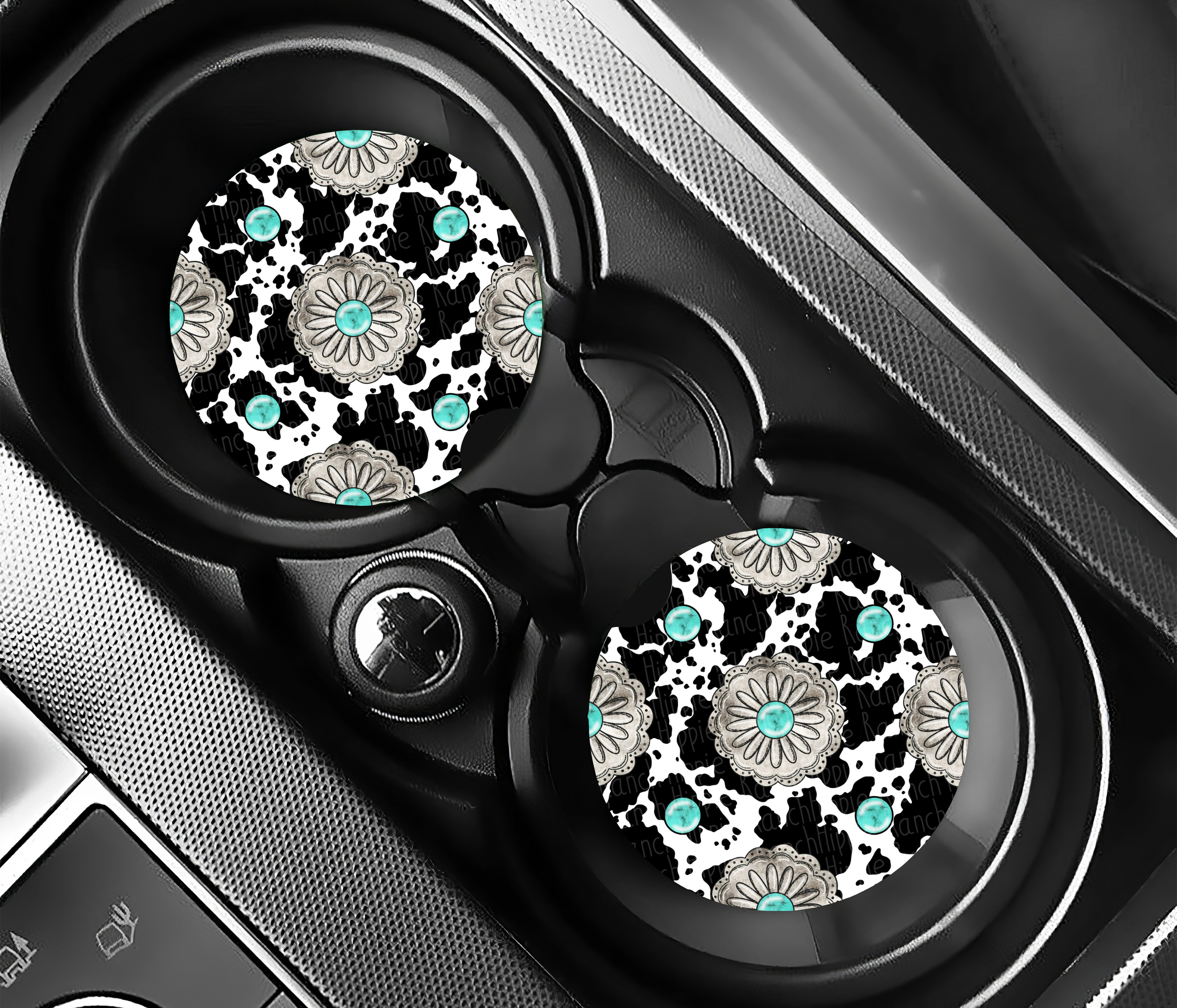 Cow Print Turquoise Stone Car Coaster Set
