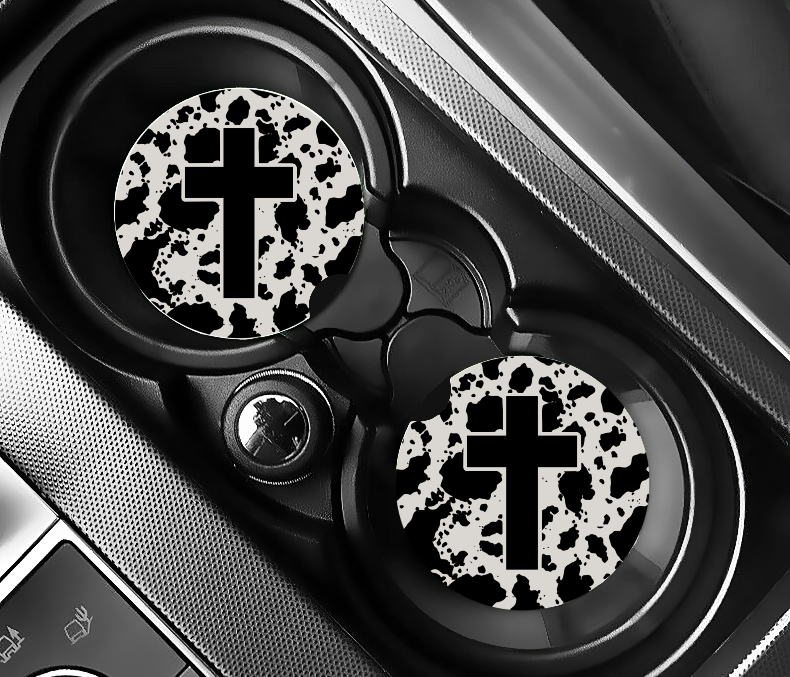 Cow Print Cross Car Coaster Set