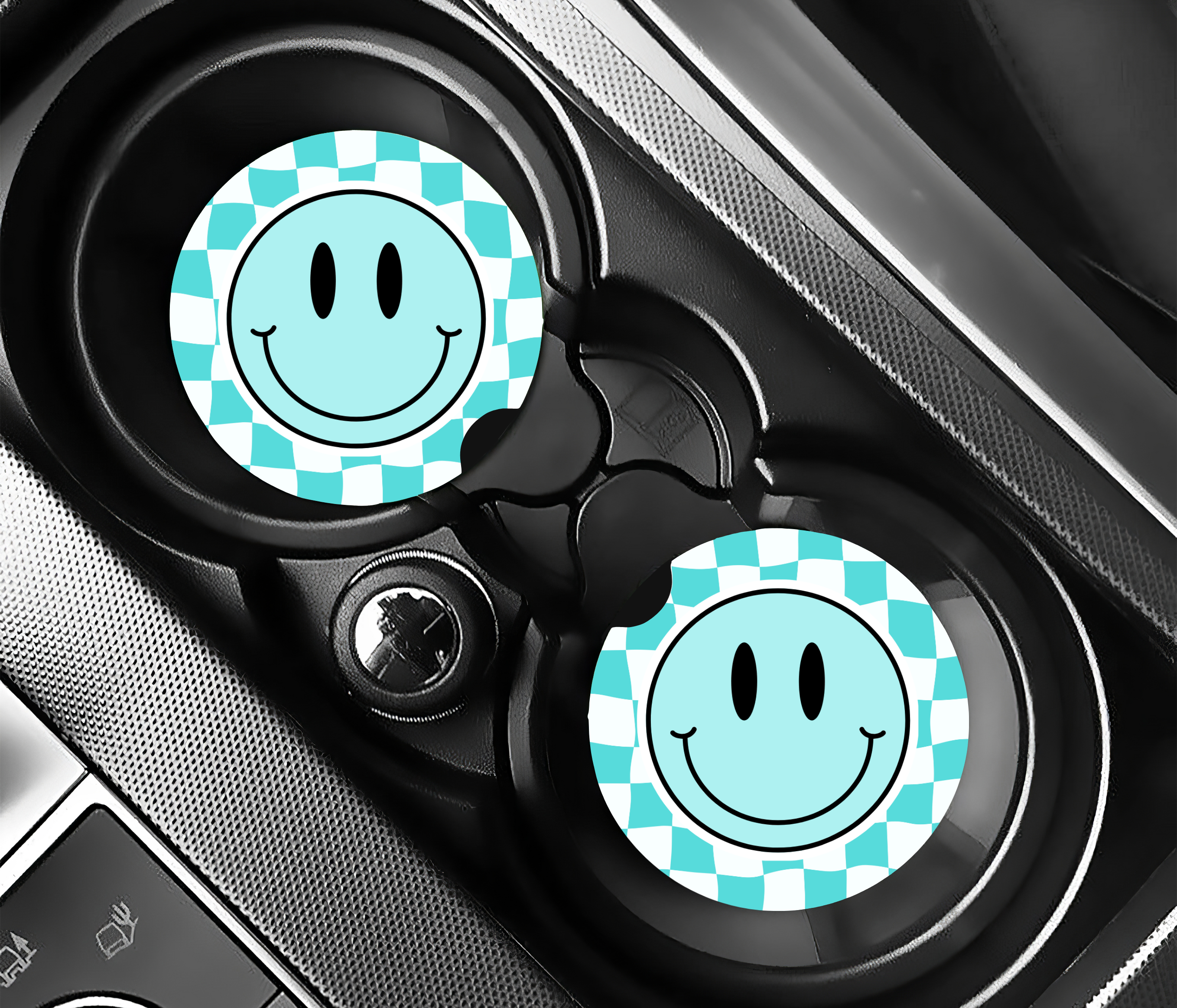 Checkered Smiley Car Coaster Set